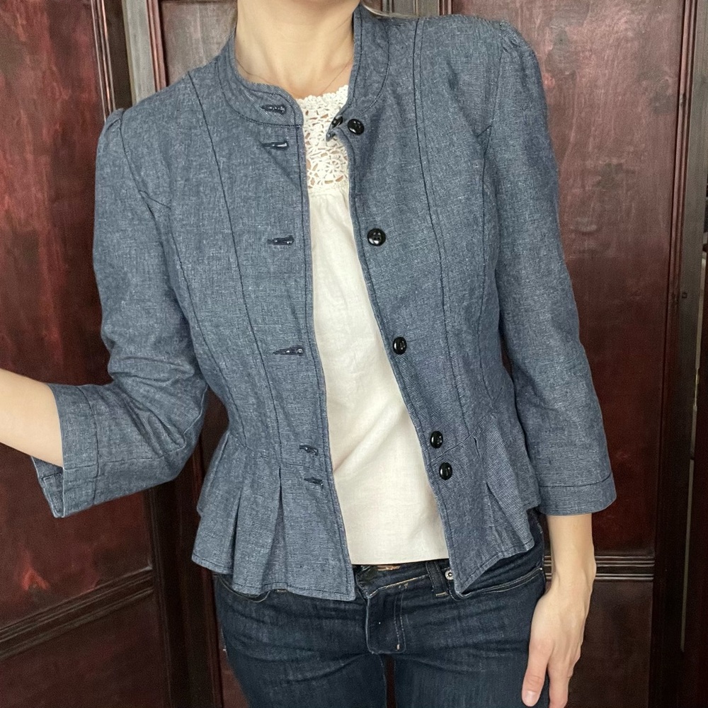 Tulle Denim Like Peplum Blazer size S fully lined. - Picture 10 of 13